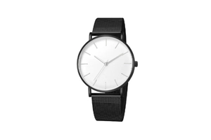 Close-up of minimalist men's watch with white dial, black mesh band, and silver markers