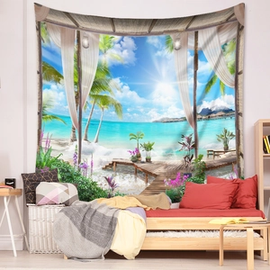 Detail of tropical beach landscape tapestry with ocean view and palm trees on wall