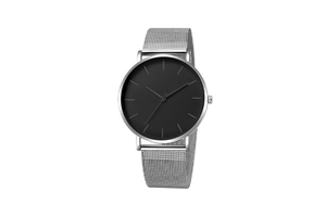 Minimalist quartz watch featuring a matte black dial and silver stainless steel mesh band