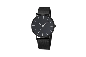 Detailed view of minimalist black men's watch with mesh strap and silver indices