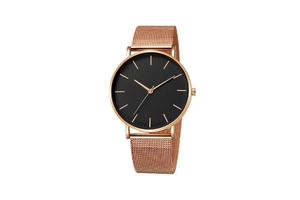 Close-up of rose gold mesh strap and minimalist black dial on a sleek men's watch