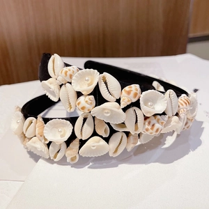 Baroque black velvet headband with natural shells and white pearls in marine style