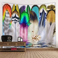 Artistic wall tapestry featuring colorful feathers and swan reflection in room setting