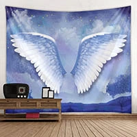 Detailed view of dreamy blue angel wings tapestry with soft starlight background