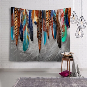 Colorful feather printed wall tapestry for home decor in a modern minimalist bedroom setting