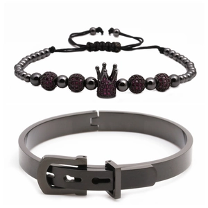 Detail of crown purple zircon bead bracelet and black buckle stainless steel cuff set
