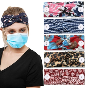 Elastic wide yoga headband with buttons for ear protection and diverse floral prints