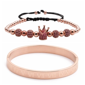 Rose gold Roman numeral bangle and crown bead charm adjustable bracelet set