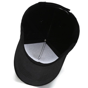 Black cotton baseball cap with adjustable strap and internal support for a structured fit