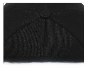 Detailed close-up of the reinforced stitching and top button on a black baseball cap