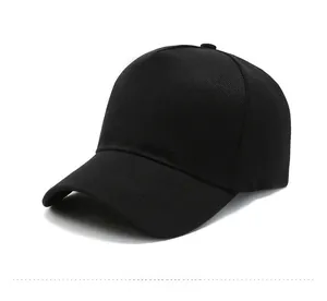 Side view of a minimalist black five-panel baseball cap in breathable cotton twill fabric