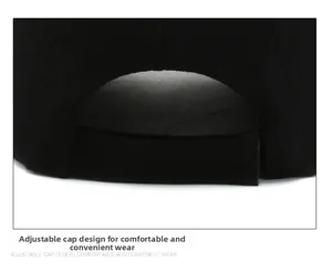 Detailed macro view of the adjustable velcro strap on a black cotton baseball cap design