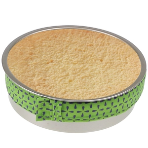 Macro detail of a green bake even strip wrapped around a round metal cake pan