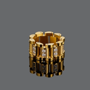 Detail of gold watchband ring with three rows of white cubic zirconia and brushed finish