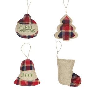 Lot de 4 ornements de Noël en toile de jute incluant bas, cloche, boule et sapin