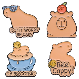 Set of 4 cute enamel capybara pins with creative animal designs and funny slogans