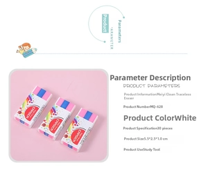 Detailed view of white erasers with colorful paper sleeves in a 30-piece office pack