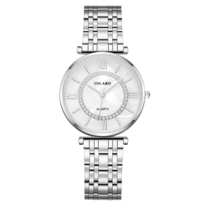 Elegant silver stainless steel quartz watch with Roman numerals and rhinestone dial