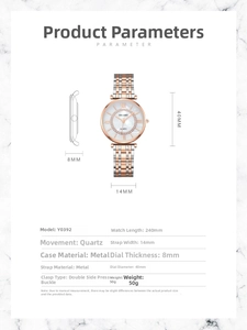 Detail view of the quartz watch showing 40mm dial diameter and 8mm thickness specs