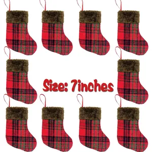 Christmas Stocking Buffalo Plaid Non-Woven Fabric With Faux Fur Cuff Hanging For Xmas Tree Fireplace Decor
