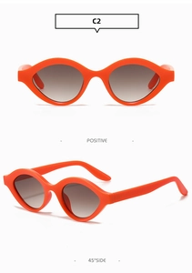 Vues de face et à 45 degrés de lunettes de soleil ovales orange vif à verres dégradés