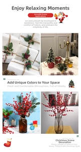 Détails de branches de baies rouges, boîtes cadeaux et mini sapins de Noël décoratifs