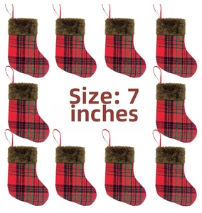 Set of 12 buffalo plaid Christmas stockings with faux fur trim, 7 inches in height