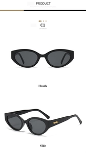 Détail de lunettes de soleil œil de chat noires avec double barre dorée sur les branches