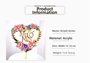 Detailed size chart for heart-shaped acrylic Mr & Mrs wedding cake topper decoration
