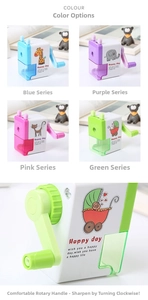 Detail of cartoon manual pencil sharpeners with waste drawer and four animal patterns