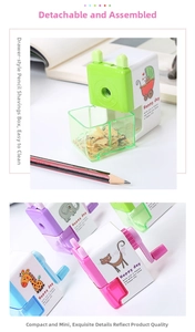 Detail of manual cartoon sharpener with detachable parts and waste collection drawer