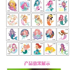 Detailed catalog of 20 cartoon mermaid temporary tattoos with various colorful designs
