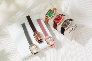 Close-up of elegant rectangular quartz watches with magnetic mesh straps in various colors