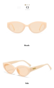 Vues de face et de profil de lunettes de soleil œil-de-chat aux couleurs acidulées et métal