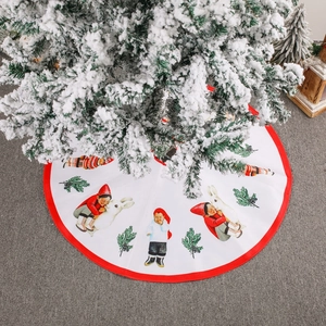 Vintage Christmas tree skirt with festive kids and rabbit illustration and red piping