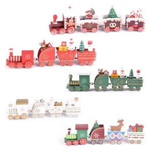 Five styles of wooden Christmas train ornaments with Santa and reindeer decor