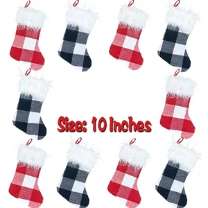 Christmas Stocking Mini Gift Bag Buffalo Plaid Cloth With White Faux Fur Cuff Hanging Ornament Holiday Party Decoration