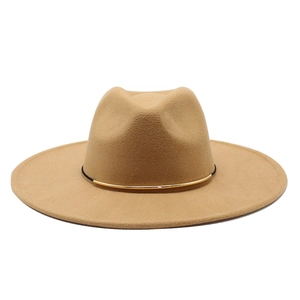 Camel wide brim wool fedora hat with elegant black band and golden metal buckle accessory