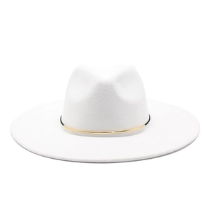 Elegant wide brim white wool felt fedora hat featuring a gold metal chain band for women