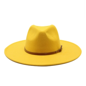Classic bright yellow wide brim wool felt jazz fedora hat with brown leather buckle band