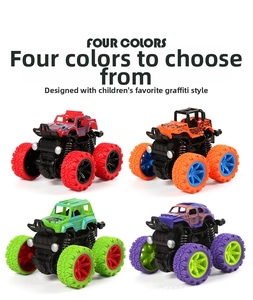 Detailed set of four colorful friction inertia stunt off-road monster trucks for kids