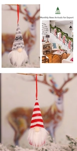 Close-up of knitted Christmas gnome ornaments with red and grey patterned hats and white beards