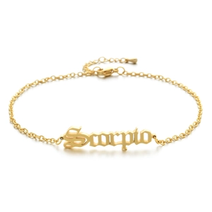 Detail of 18K gold plated Scorpio zodiac anklet with adjustable lobster clasp and chain