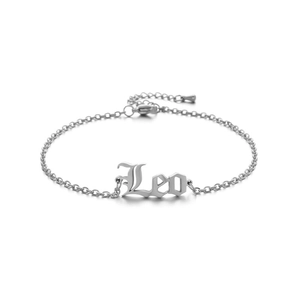 Detail of silver stainless steel Leo zodiac anklet with gothic letter charm and clasp