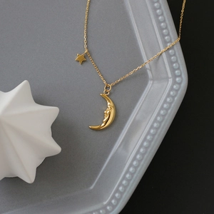 Close-up of crescent moon and star pendants on a gold titanium necklace over a ceramic plate