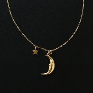 Vintage Crescent Moon Face And Star Pendant Necklace 18K Gold Plated 316L Titanium Steel Dreamy Fairy Tale Clavicle Chain For Women