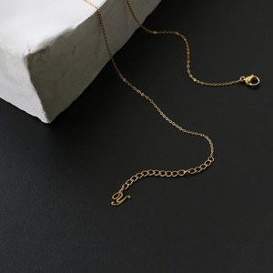 Macro detail of gold-plated necklace featuring a script letter Y pendant and lobster clasp