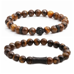 Tiger eye stone bead bracelet set with black metal lion head and micro-pave cylinder