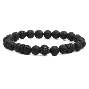Bracelet en pierre de lave avec tête de lion mate et perles d'espacement pour hommes