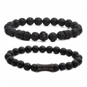Ensemble de bracelets en pierre de lave avec tête de lion et tube serti de zircones noires